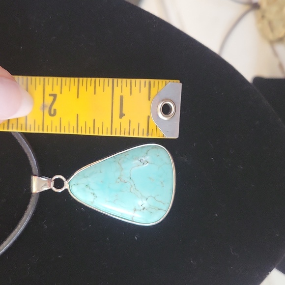 Turquoise Navajo Native pendant necklace on black leather silver hardware. - Picture 9 of 16